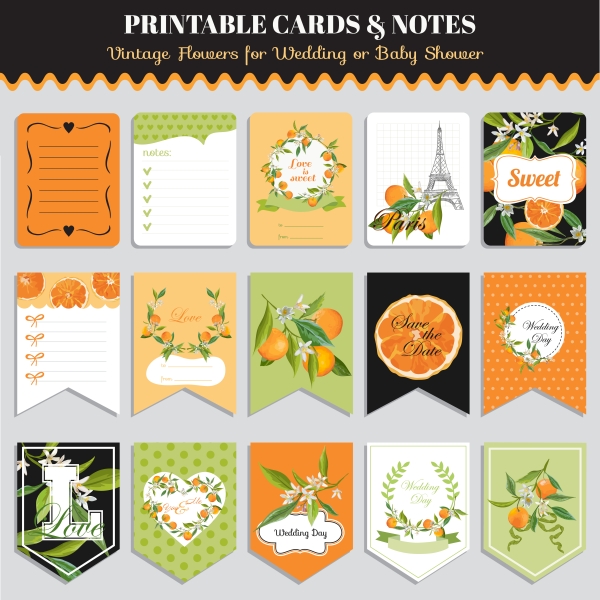 Vector printable cards and notes - Orange set