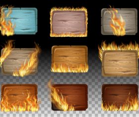 Wooden sign with fire flame vector 01