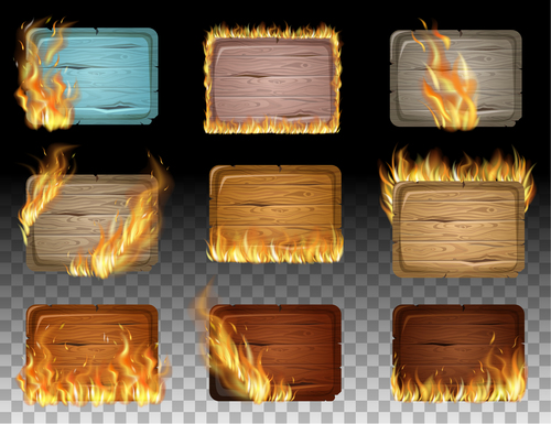 Wooden sign with fire flame vector 01