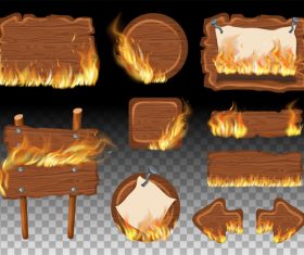 Wooden sign with fire flame vector 02