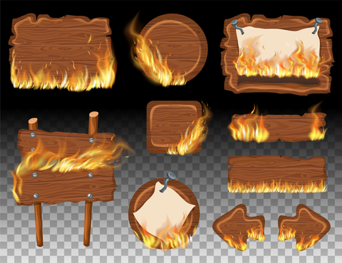 Wooden sign with fire flame vector 02