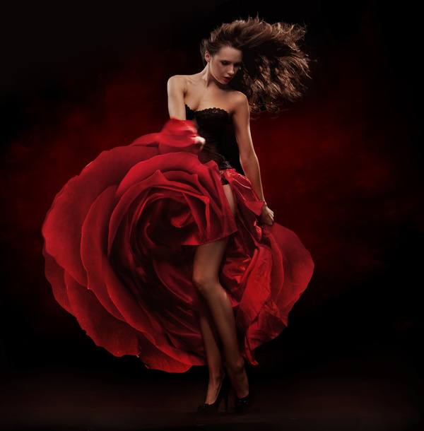 lady wearing red rose dress Stock Photo 04