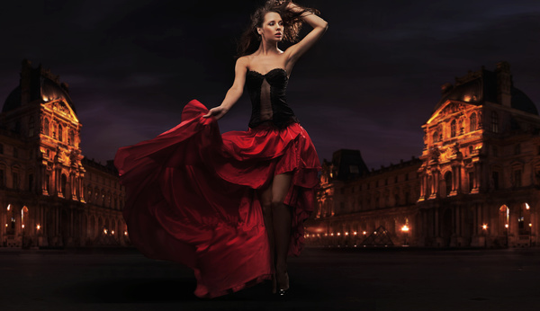 lady wearing red rose dress Stock Photo 05