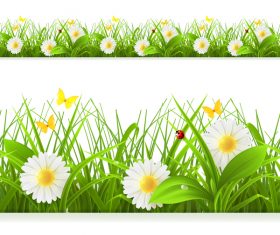 ladybug with grass and and white flower vector 02