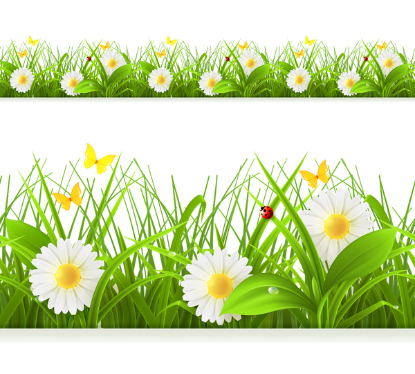 ladybug with grass and and white flower vector 02