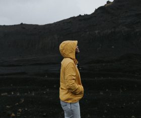 persone watching cold mountain scenery Stock Photo