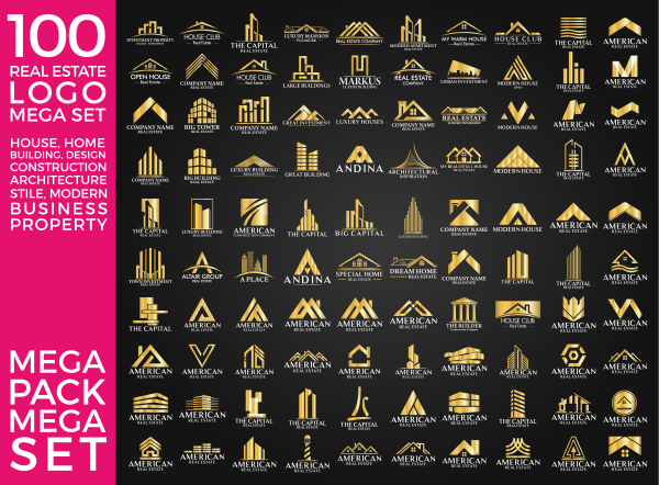 100 Real Estate Logo Gold Mega Set vector