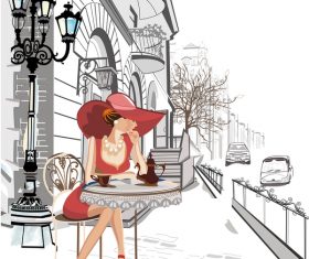 street corne girl with cffee vector material 01