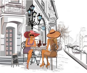 street corne girl with cffee vector material 02