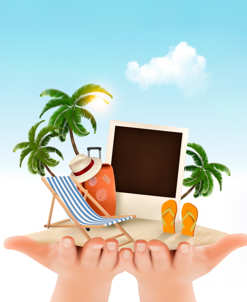 travel background with palm and hands vector