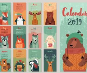 2019 calender with cartoon animal vector