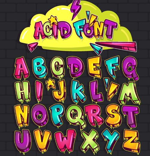 3D acid font alphabet vector