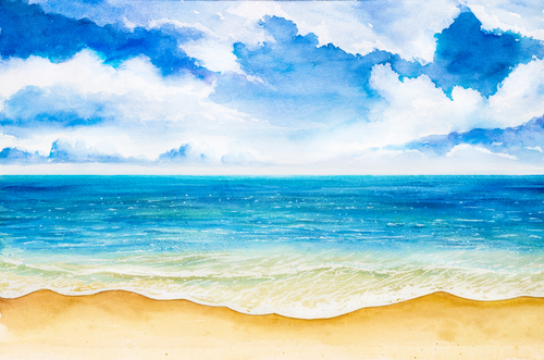 Beach with sea watercolor painting background vector 02
