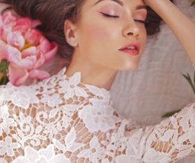 Beatutiful woman  lies among peonies Stock Photo (6)