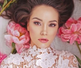 Beatutiful woman  lies among peonies Stock Photo (7)