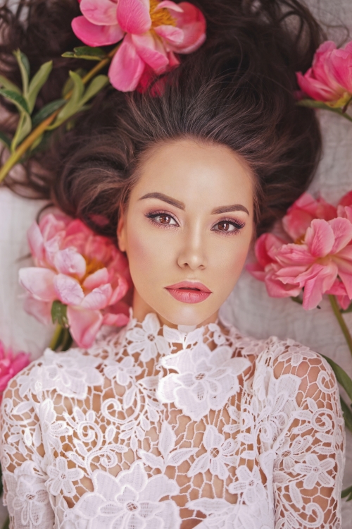 Beatutiful woman  lies among peonies Stock Photo (7)