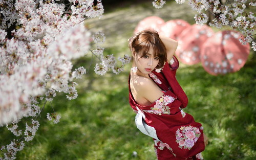 Beautiful Japanese girl under cherry blossom tree Stock Photo