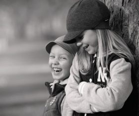 Black and white photo of happy children Stock Photo