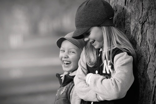 Black and white photo of happy children Stock Photo