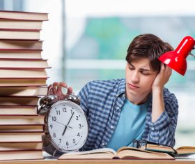 Boy overtime learning Stock Photo