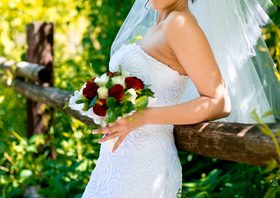 Bride in white wedding dress standing Stock Photo 01
