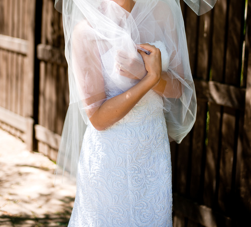 Bride in white wedding dress standing Stock Photo 02