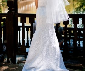 Bride standing on bridge and taking wedding photographs Stock Photo 02