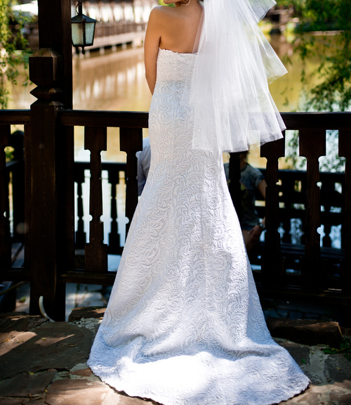 Bride standing on bridge and taking wedding photographs Stock Photo 02