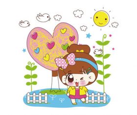 Cartoon little girl with landscape vector