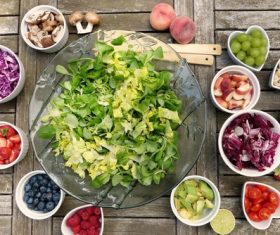 Chopped fruits and vegetables salad ingredients Stock Photo