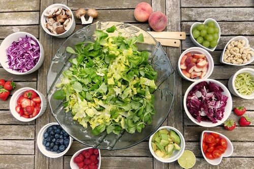 Chopped fruits and vegetables salad ingredients Stock Photo