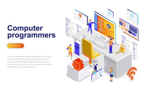 Computer programmers isometric concept template vector