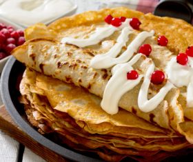 Creamy fruit pancakes Stock Photo