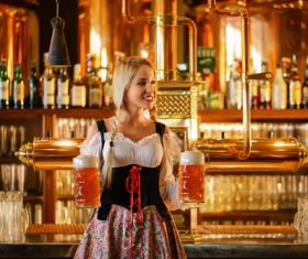 Dressed in national costumes smiling waitress bar Stock Photo