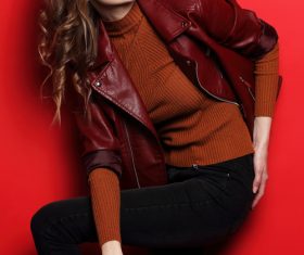 Fashion girl wearing sunglasses taking cover photo in the studio Stock Photo 06