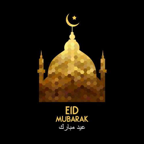 Golden Eid mubarak decorative with black background vector 07