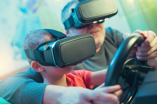 Grandpa and grandson playing games with VR Stock Photo 02