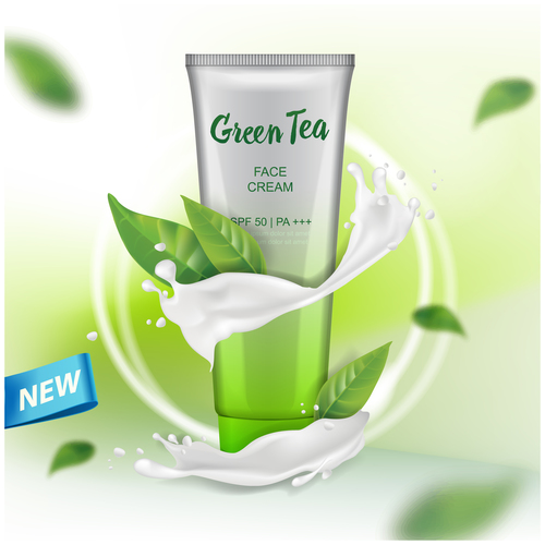 Green tea face cream advertising template vector 01