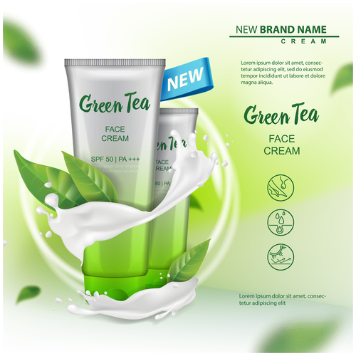Green tea face cream advertising template vector 03