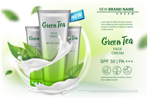 Green tea face cream advertising template vector 04