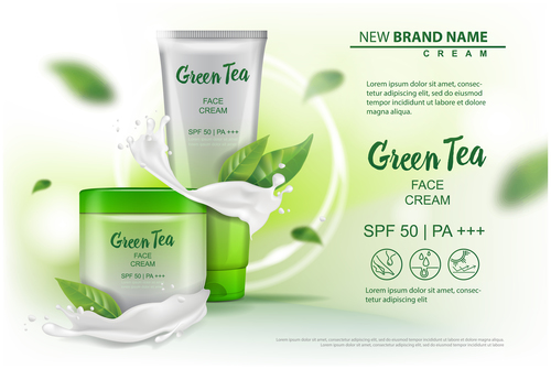 Green tea face cream advertising template vector 05