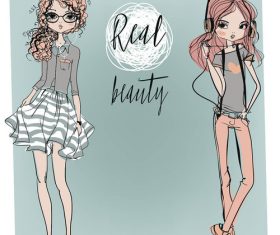 Hand drawn cartoon pretty girl vector