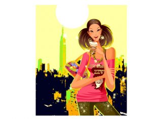Illustration of girl drinking drink on city background vector