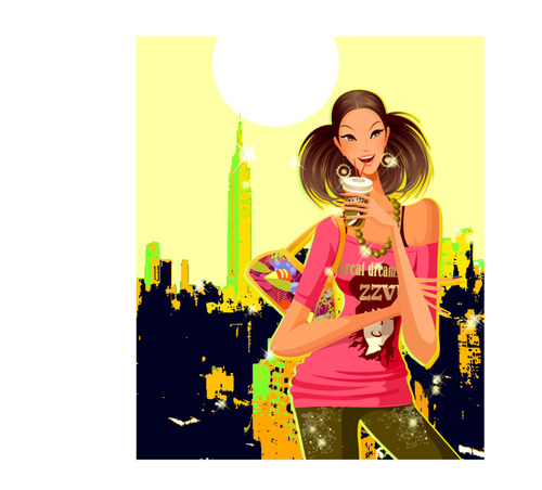 Illustration of girl drinking drink on city background vector