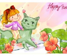 Little girl riding cat vector