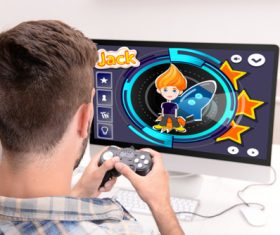 Man uses game handle to play games Stock Photo 03