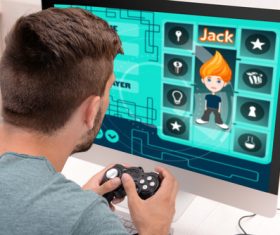 Man uses game handle to play games Stock Photo 04