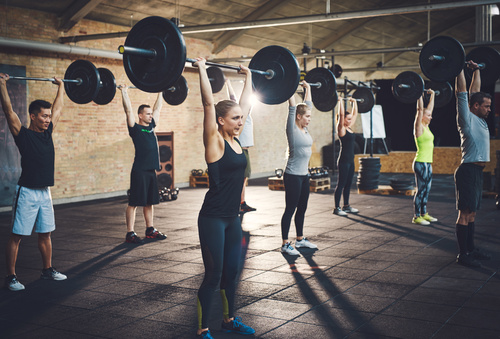 Men and women doing barbell exercises in the gym Stock Photo 02