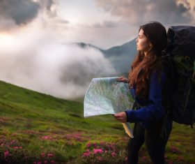 Mountaineering tourist woman Stock Photo