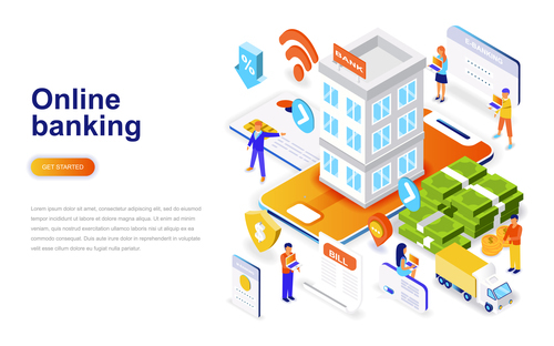 Onlines banking isometric concept template vector